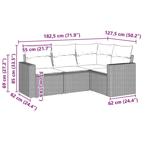 vidaXL 4-delige Loungeset met kussens poly rattan zwart afbeelding3 - 1