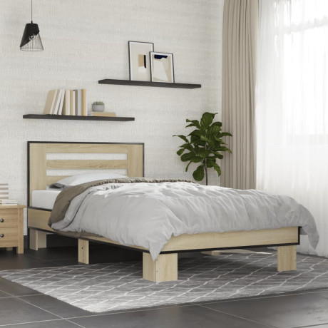 vidaXL Bedframe bewerkt hout en metaal sonoma eikenkleurig 90x200 cm afbeelding3 - 1