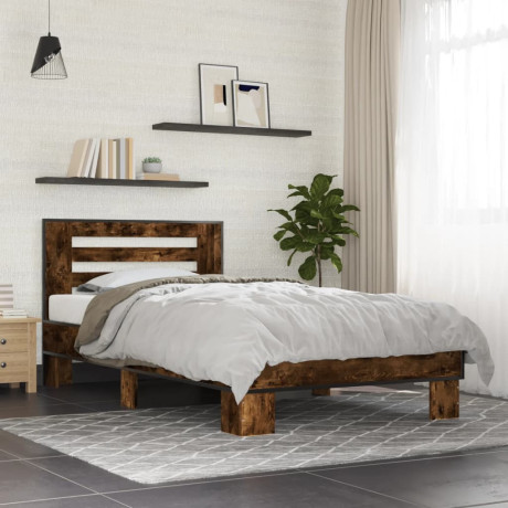 vidaXL Bedframe bewerkt hout en metaal gerookt eikenkleurig 90x200 cm afbeelding3 - 1