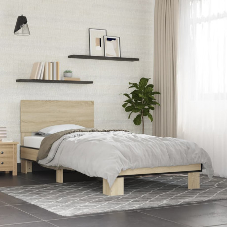 vidaXL Bedframe bewerkt hout en metaal sonoma eikenkleurig 90x200 cm afbeelding3 - 1