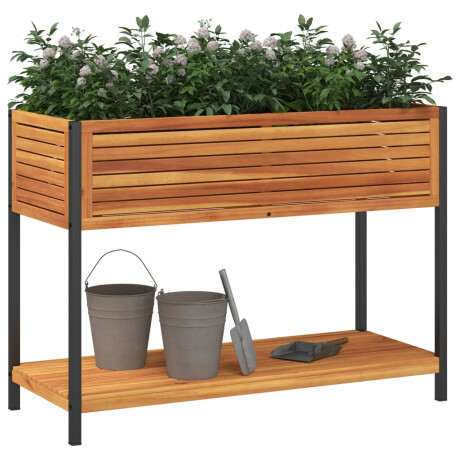 vidaXL Plantenbak met schap 110x45x80 cm massief acaciahout en staal afbeelding3 - 1