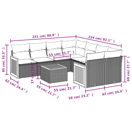 vidaXL 9-delige Loungeset met kussens poly rattan beige afbeelding3 - 1