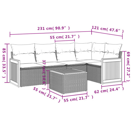 vidaXL 6-delige Loungeset met kussens poly rattan zwart afbeelding3 - 1