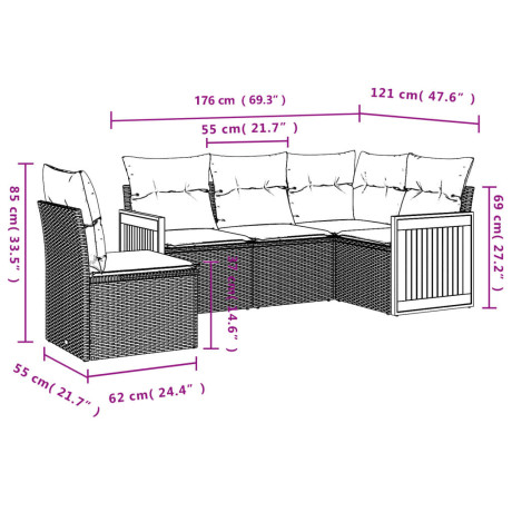 vidaXL 5-delige Loungeset met kussens poly rattan beige afbeelding3 - 1