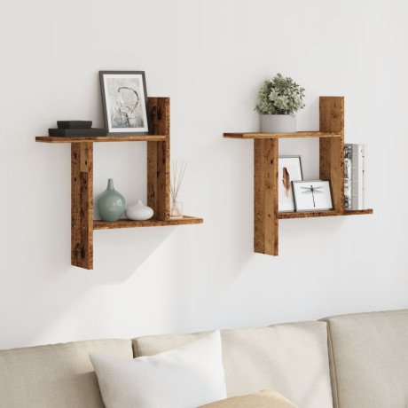 vidaXL Wandschappen 2 st 50x12x50 cm bewerkt hout oud houtkleurig afbeelding3 - 1