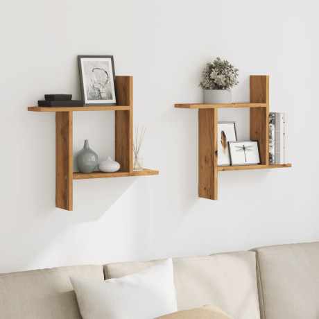 vidaXL Wandschappen 2 st 50x12x50 cm bewerkt hout artisanaal eiken afbeelding3 - 1