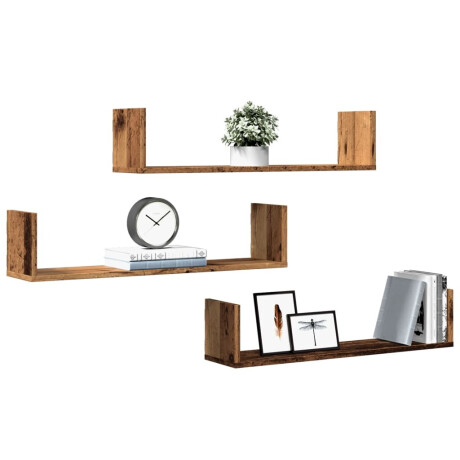 vidaXL Wandschappen 3 st 80x18x18 cm bewerkt hout oud houtkleurig afbeelding3 - 1