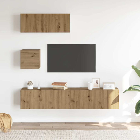 vidaXL 4-delig Tv-meubelset wandmontage bewerkt hout artisanaal eiken afbeelding3 - 1