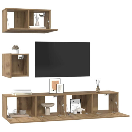 vidaXL Tv-meubelset met plank Wandgemonteerd met opslag met de deur 4 pcs artisanaal eikenkleurig afbeelding3 - 1