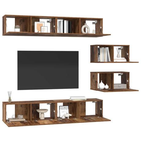 vidaXL TV-kast set met plank Wandgemonteerd Anders met opslag met de deur 6 pcs Oud hout Medium Bewerkt hout afbeelding3 - 1
