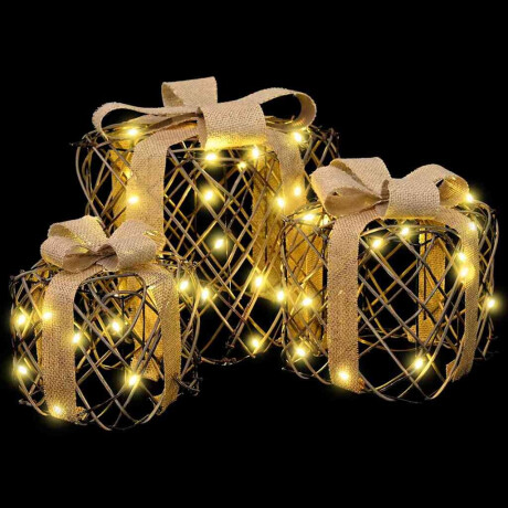 vidaXL Cadeau Doos met 60 LED 3 pcs Warmwit 20 x 20 x 20 cm Rattan afbeelding3 - 1