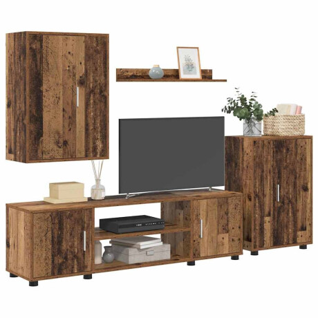 vidaXL 4 Delige TV Kast Set met plank Wandgemonteerd met opslag met de deur 4 pcs Oud hout Bewerkt hout afbeelding3 - 1