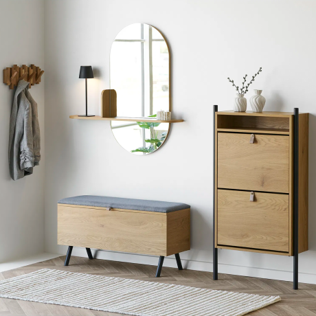 Febe ovale wandspiegel met houten plankje - 95 x 92 cm afbeelding3 - 1