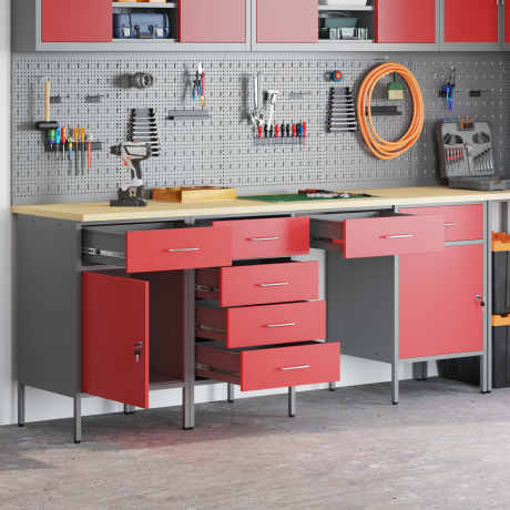 vidaXL 4-delige werkcabinet en tafel set rood gespoten hout en staal afbeelding3 - 1