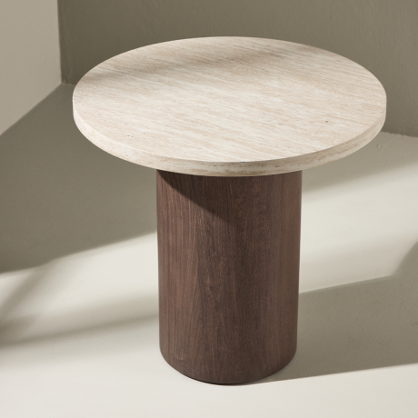 Jente ronde houten bijzettafel donkerbruin met travertine tafelblad- Ø 50 cm afbeelding3 - 1