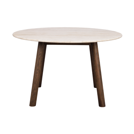 Taransay eikenhouten eettafel donker bruin - met beige travertine tafelblad - Ø125 cm afbeelding3 - 1