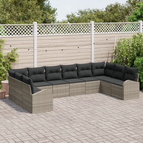 vidaXL Bankstel met kussen 10 pcs Lichtgrijs Polyrattan afbeelding3 - 1