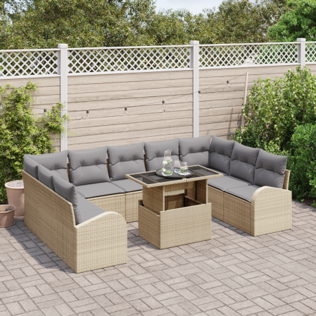 vidaXL 10-delige tuinset met kussens in beige poly rattan afbeelding3 - 1
