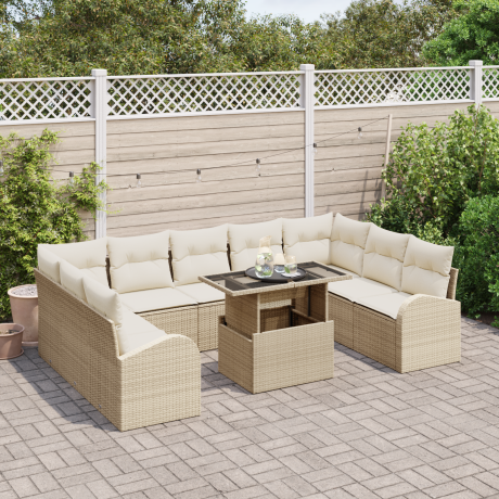 vidaXL 10-delige tuinset met kussens in beige poly rattan afbeelding3 - 1