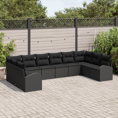 vidaXL Bankstel met kussen 10 pcs Zwart Polyrattan afbeelding3 - 1
