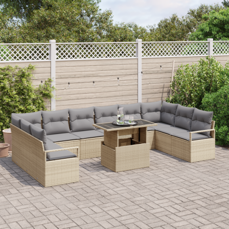 vidaXL 11-delig tuinset met kussens in beige poly rattan afbeelding3 - 1
