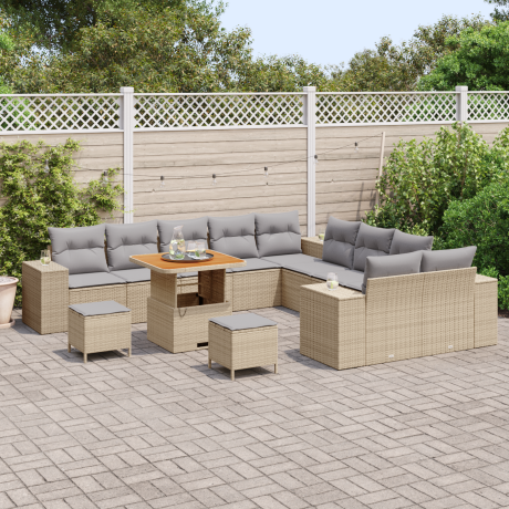 vidaXL 13-delige tuinset met kussens in beige van poly rattan en acacia afbeelding3 - 1