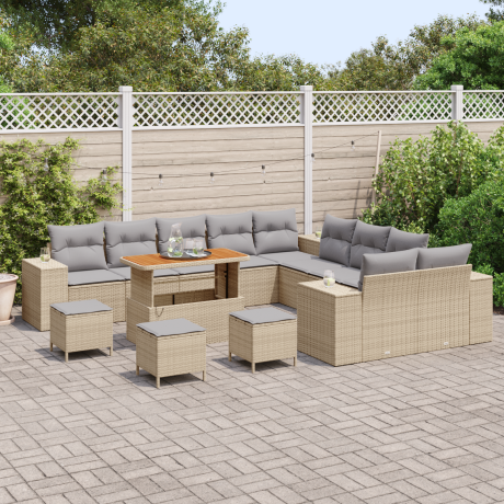 vidaXL 14-delige tuinset met kussens in beige poly rattan en acacia afbeelding3 - 1