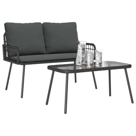 vidaXL Tuin eettafelset met kussen 2 pcs Zwart poly rattan afbeelding3 - 1
