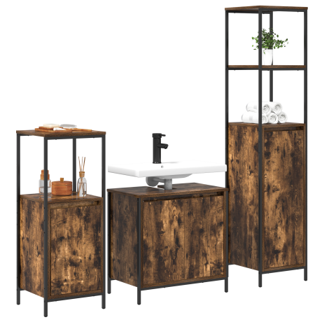 vidaXL Badkamermeubelset 3 pcs Gerookt Eiken en Zwart Bewerkt hout afbeelding3 - 1