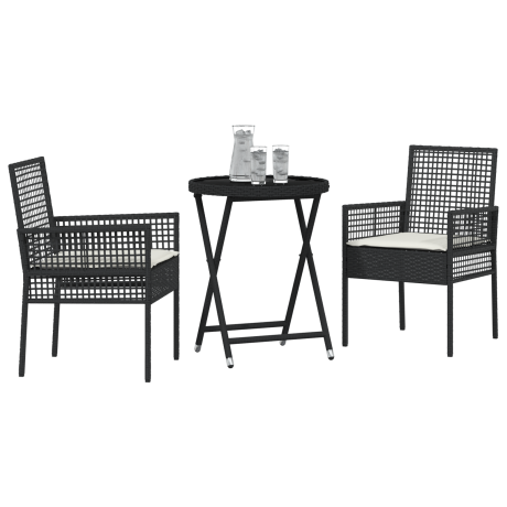 vidaXL 3-delige Bistro Set voor in de Tuin met Kussens - Zwart Poly Rattan afbeelding3 - 1