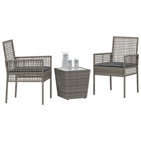 vidaXL 3-delige Bistroset voor de tuin met kussens - Grijs Poly Rattan afbeelding3 - 1