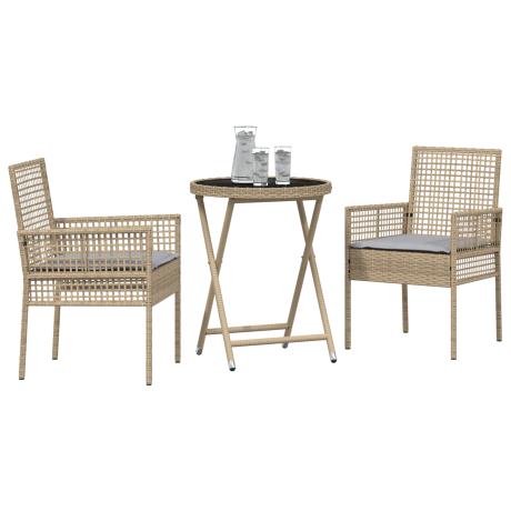vidaXL 3-delige bistroset voor in de tuin met kussens - Beige Poly Rattan afbeelding3 - 1