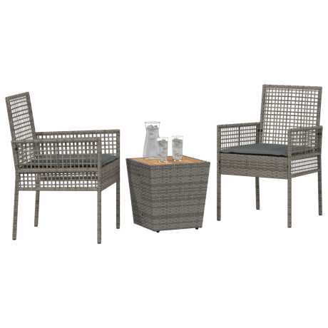 vidaXL 3-delige Bistroset voor in de tuin met kussens - Grijs Poly Rattan afbeelding3 - 1