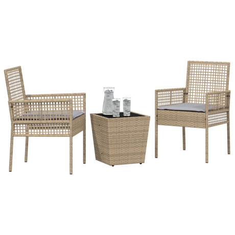 vidaXL 3-delige bistroset voor in de tuin met kussens in beige van poly rattan afbeelding3 - 1