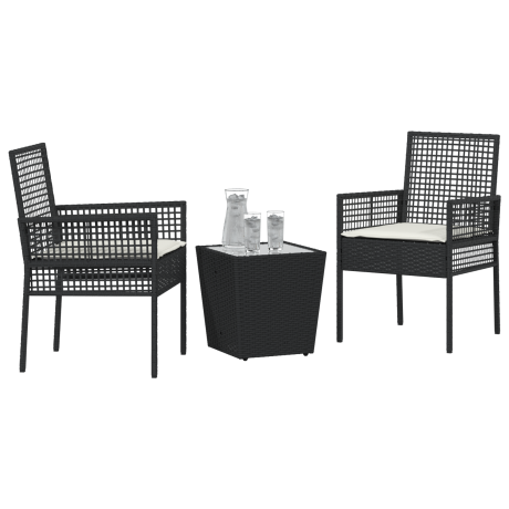 vidaXL 3-delige bistroset voor in de tuin met kussens - zwart poly riet afbeelding3 - 1