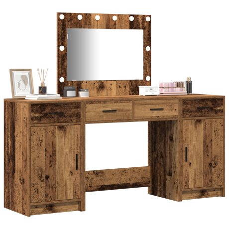 vidaXL 3-Delige Make-up Tafel Set met LED - Vintage Hout en Houtcomposiet afbeelding3 - 1