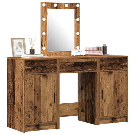 vidaXL 3-delige Make-uptafel Set met LED - Oud Hout Geengineerd Hout afbeelding3 - 1