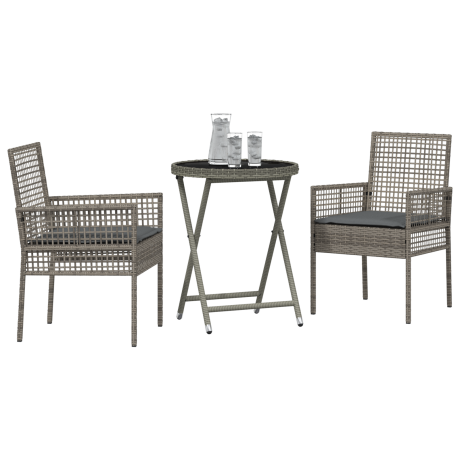 vidaXL 3-delige Tuin Bistro Set met Kussens in Grijs Poly Rattan afbeelding3 - 1