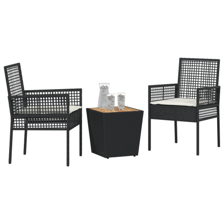 vidaXL 3-delige tuin bistroset met kussens zwart poly rattan afbeelding3 - 1