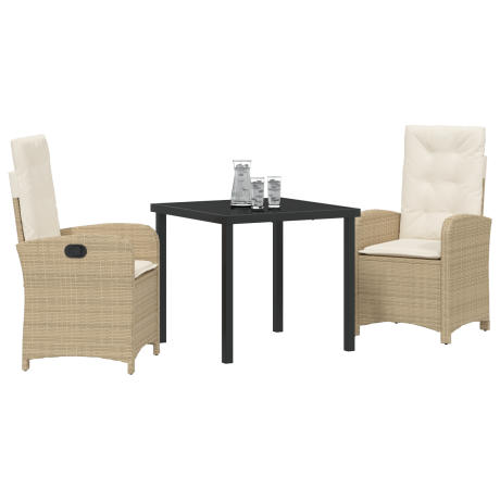 vidaXL 3-delige tuin eetset met kussens in beige poly rattan afbeelding3 - 1