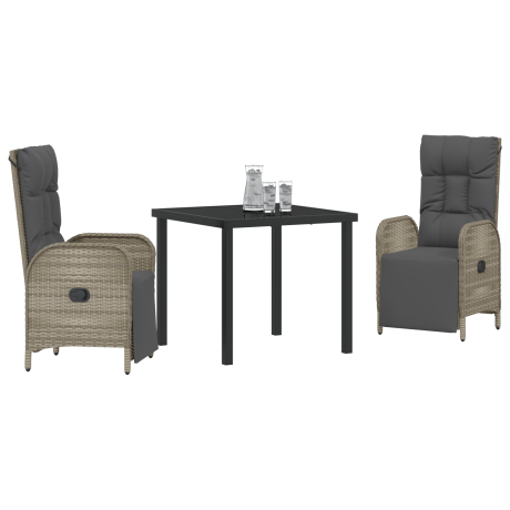 vidaXL 3-delige Tuin Eettafel Set met Kussens - Grijs Poly Rattan afbeelding3 - 1