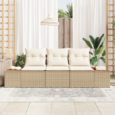 vidaXL 3-delige Tuin Sofa Set met Kussens Beige Poly Rattan Acacia afbeelding3 - 1