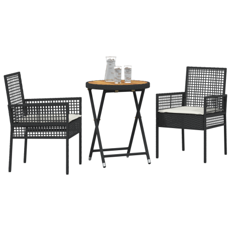 vidaXL 3-delige Tuinbistroset met kussens poly rattan zwart afbeelding3 - 1