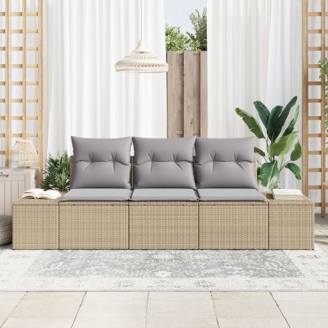 vidaXL Bankstel met kussen 3 pcs Beige poly rattan afbeelding3 - 1
