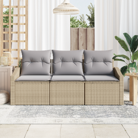 vidaXL Bankstel met kussen 3 pcs Beige poly rattan afbeelding3 - 1