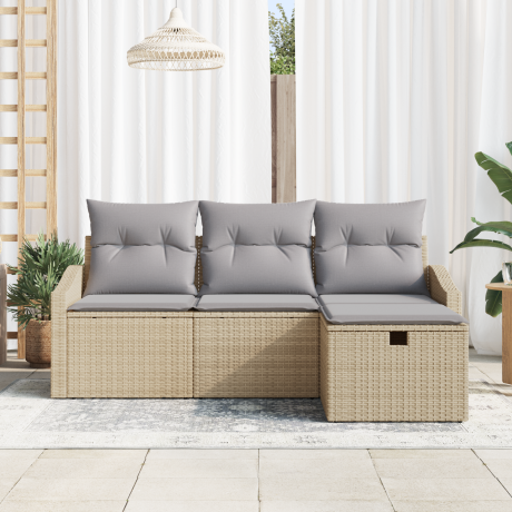 vidaXL Bankstel met kussen met opslag 4 pcs Beige poly rattan afbeelding3 - 1