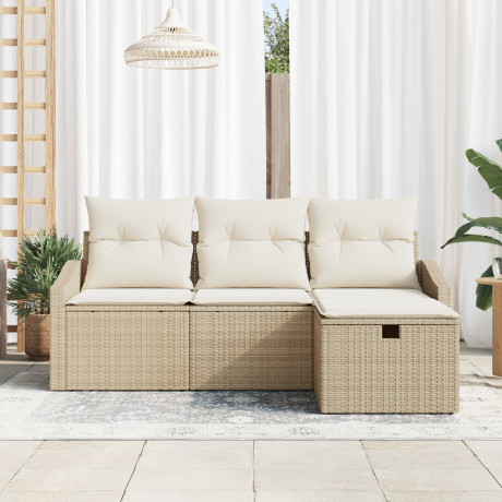 vidaXL 4-delige tuinbankset met kussens in beige poly rattan afbeelding3 - 1