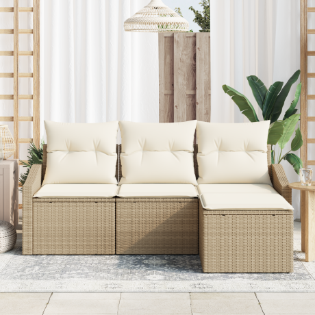 vidaXL 4-delige tuinset met kussens - Beige poly rattan afbeelding3 - 1