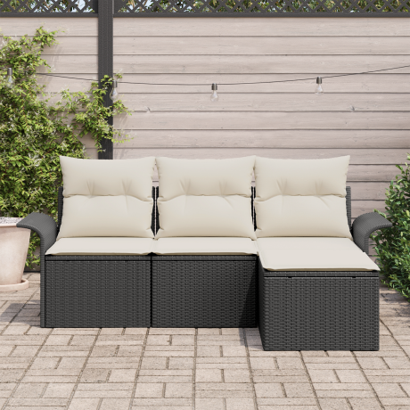 vidaXL Bankstel met kussen 4 pcs Zwart en Crème poly rattan afbeelding3 - 1