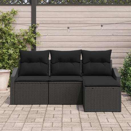 vidaXL Bankstel met kussen met opslag 4 pcs Zwart poly rattan afbeelding3 - 1